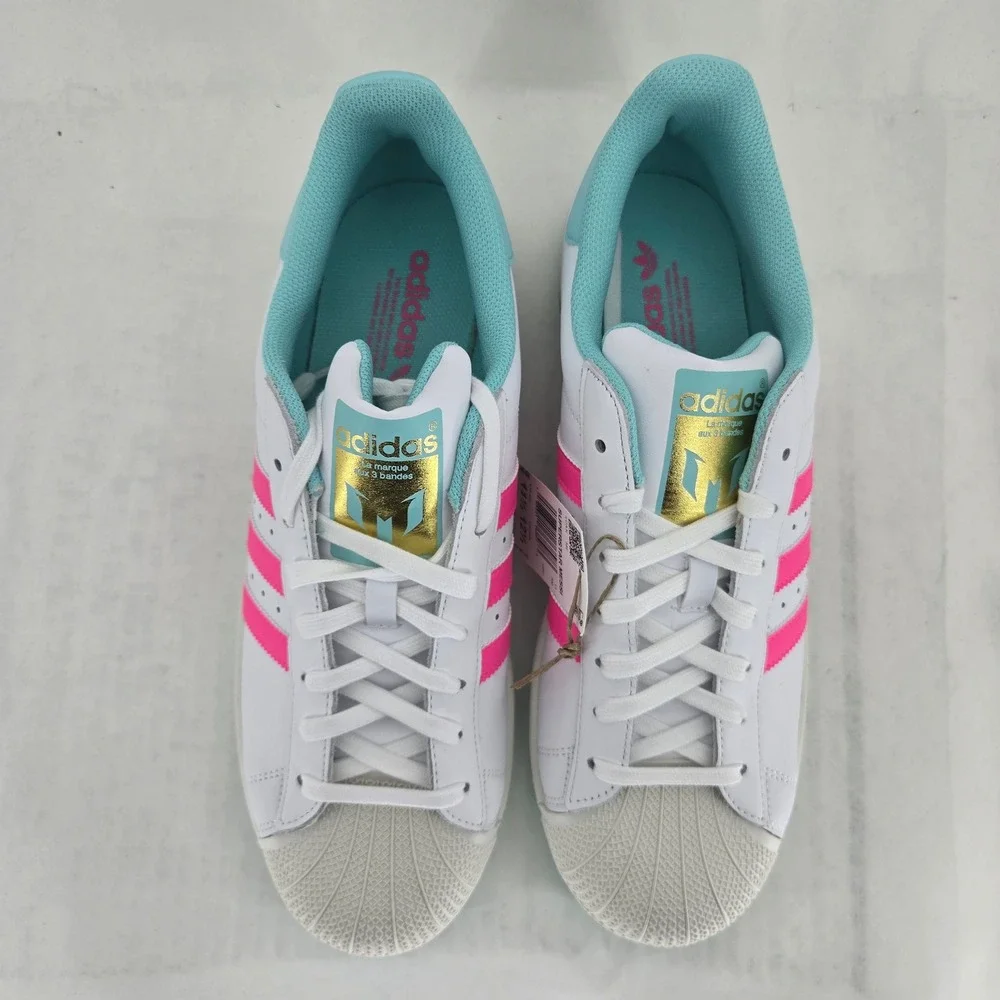 Adidas Superstar Messi JR1979 White Pink Aqua Blue Shell Toe Shoes Mens 11.5